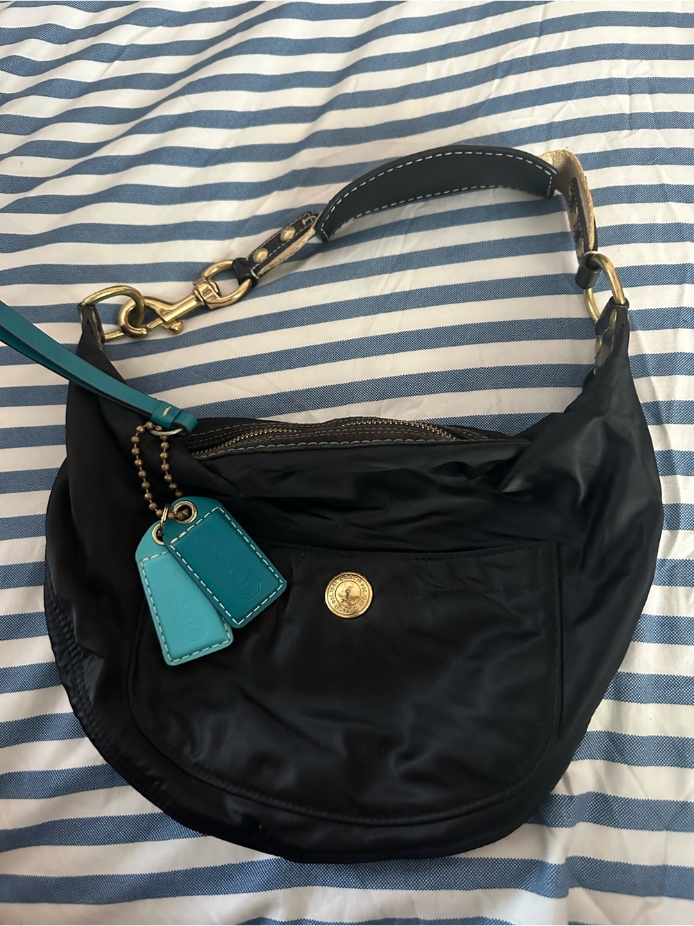 Coach Black Shoulder Hobo Bag with Teal Tag Accents